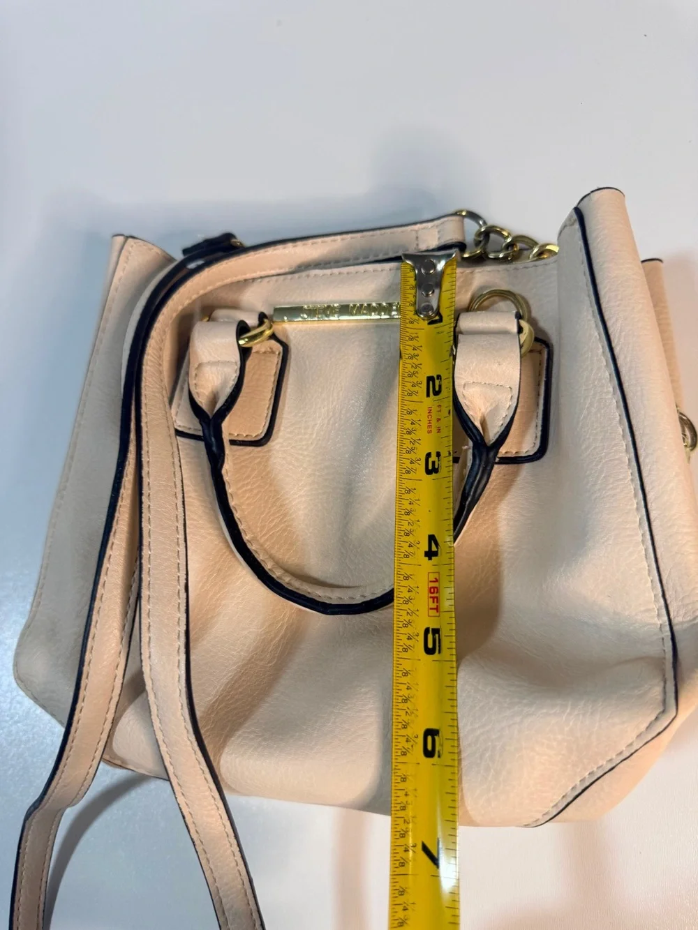 Beige Leather Satchel Handbag with Gold Hardware